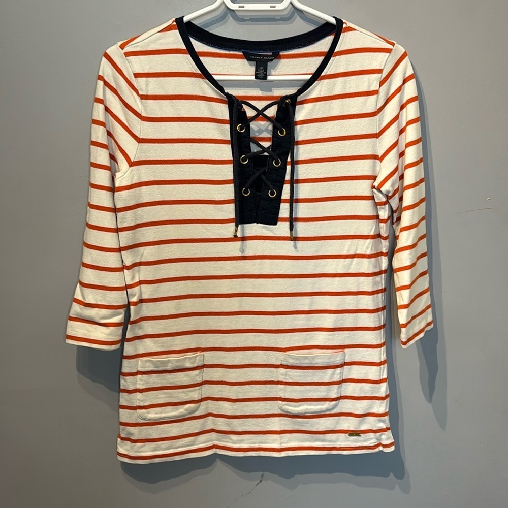 Tommy Hilfiger Orange, Navy And White Striped Lace Up Top - Picture 2 of 6